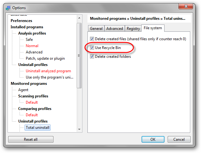 卸载配置文件 - 删除到回收站选项